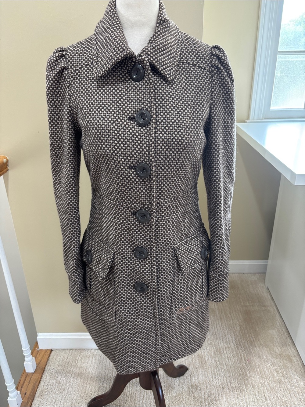 Vintage Pepe Jeans London Brown Cream Button-Front Coat Size S EUC